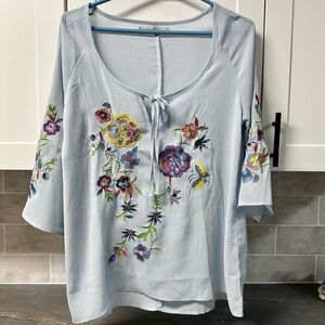 Floral Embroidered Semi Sheer Tie Front 3/4 Sleeve Blouse M